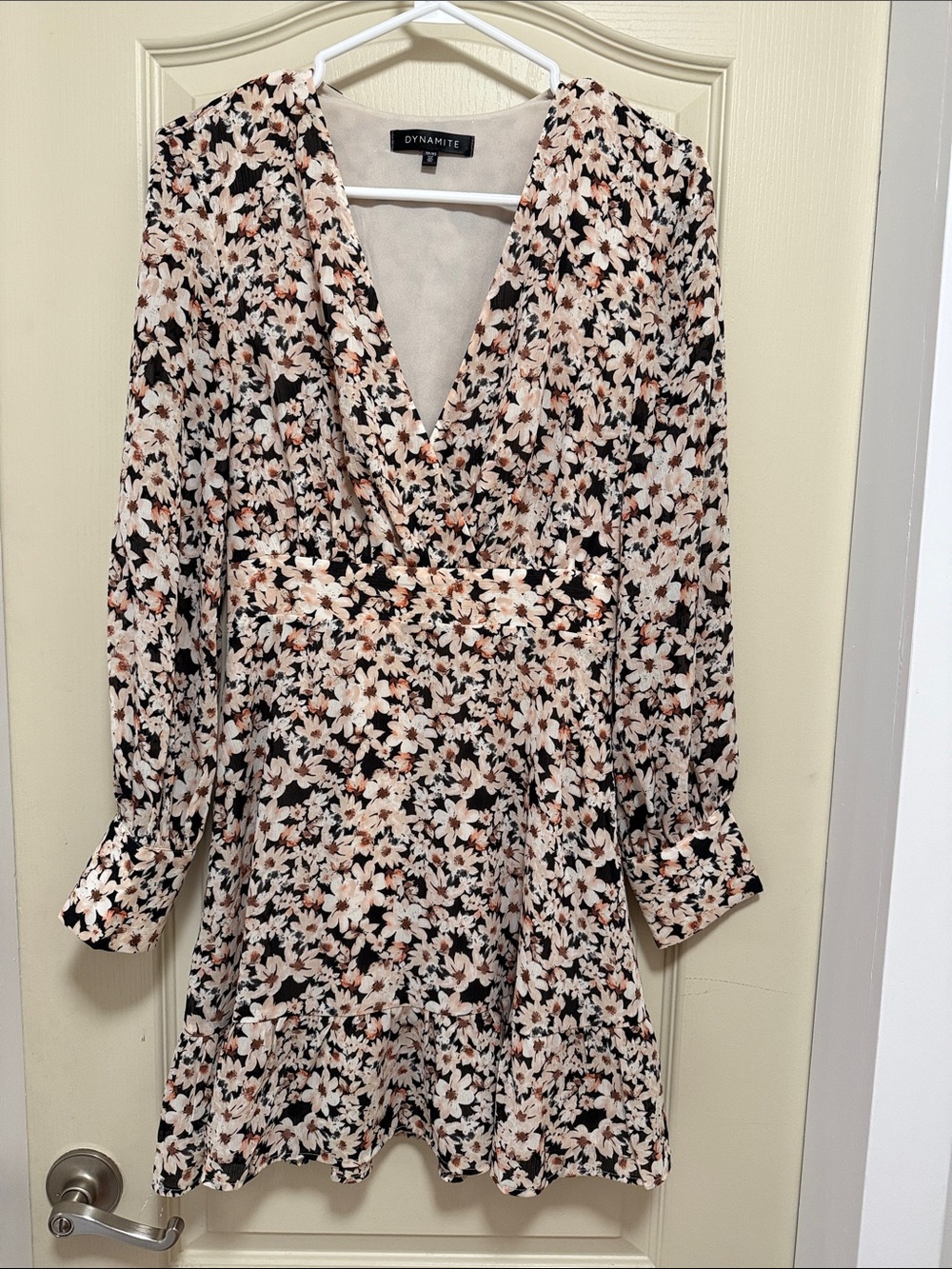Dynamite Black & Cream Floral faux Wrap-Style Mini Dress/tunic XS